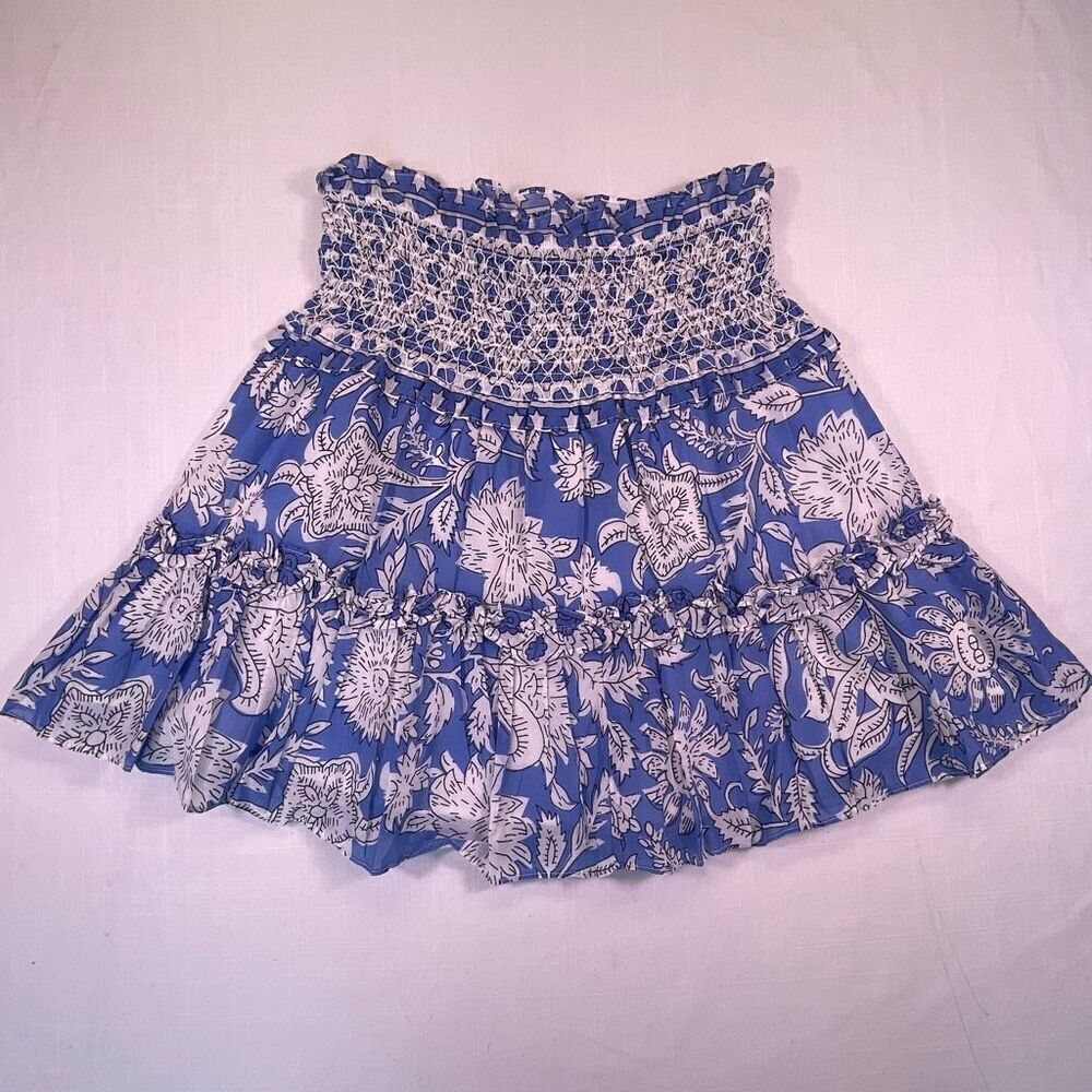 Jennifer & Grace Blue White Floral Print Smocked Tiered Mini Skirt Size XL NWT